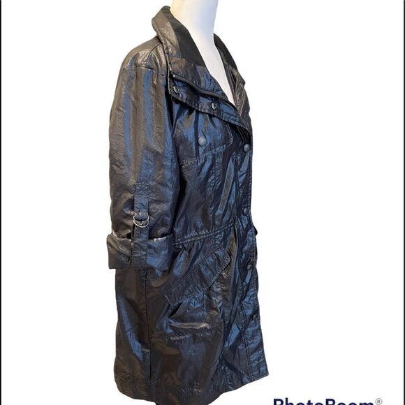 KENNETH Cole Reaction Black Shiny Rain Trench Coat Sz L - Picture 4 of 7